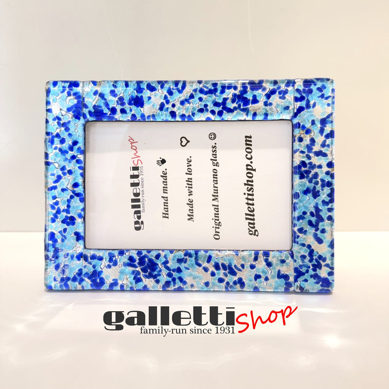 Murano Glass Picture Frame “Blue Coriandoli & Silver Leaf”