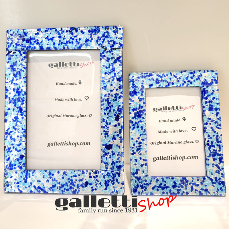 Murano Glass Picture Frame “Blue Coriandoli & Silver Leaf”
