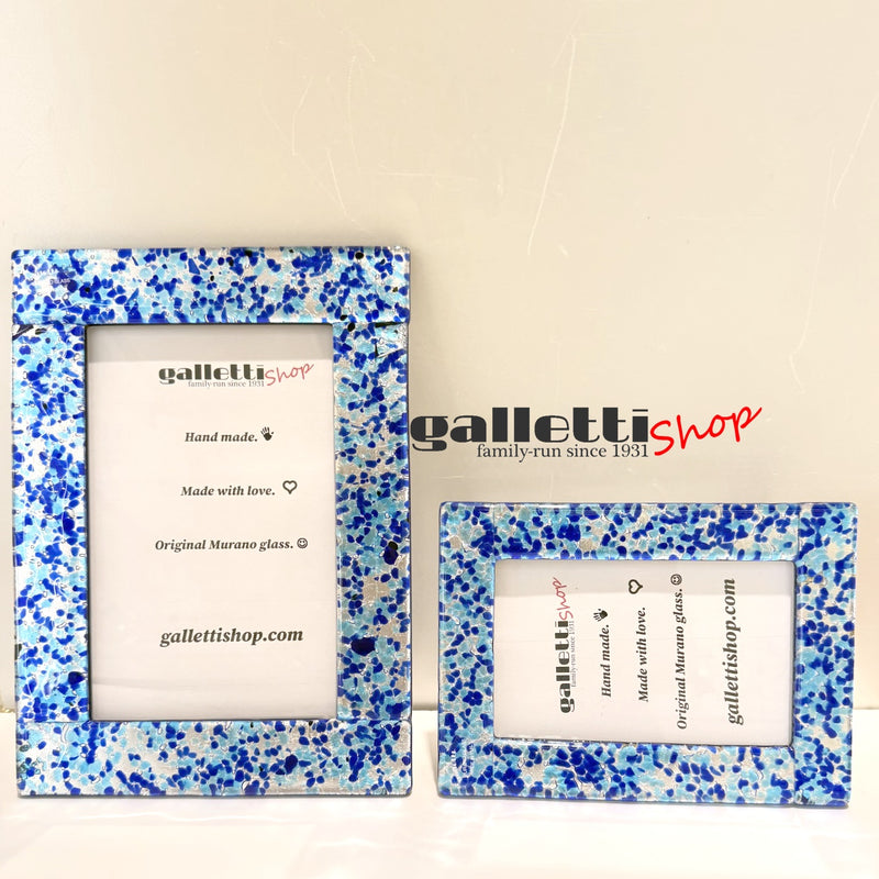 Murano Glass Picture Frame “Blue Coriandoli & Silver Leaf”