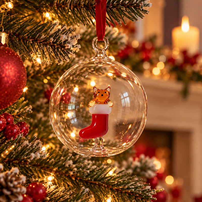 TABBY CAT – CHRISTMAS ORNAMENT AMBER CAT IN RED STOCKING