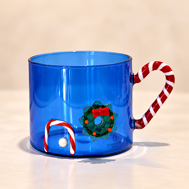 BLUE MUG WITH CANDY CANE HANDLE & WREATH