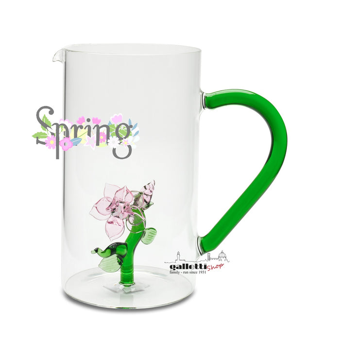 Glass Pitcher pink Flower with handle