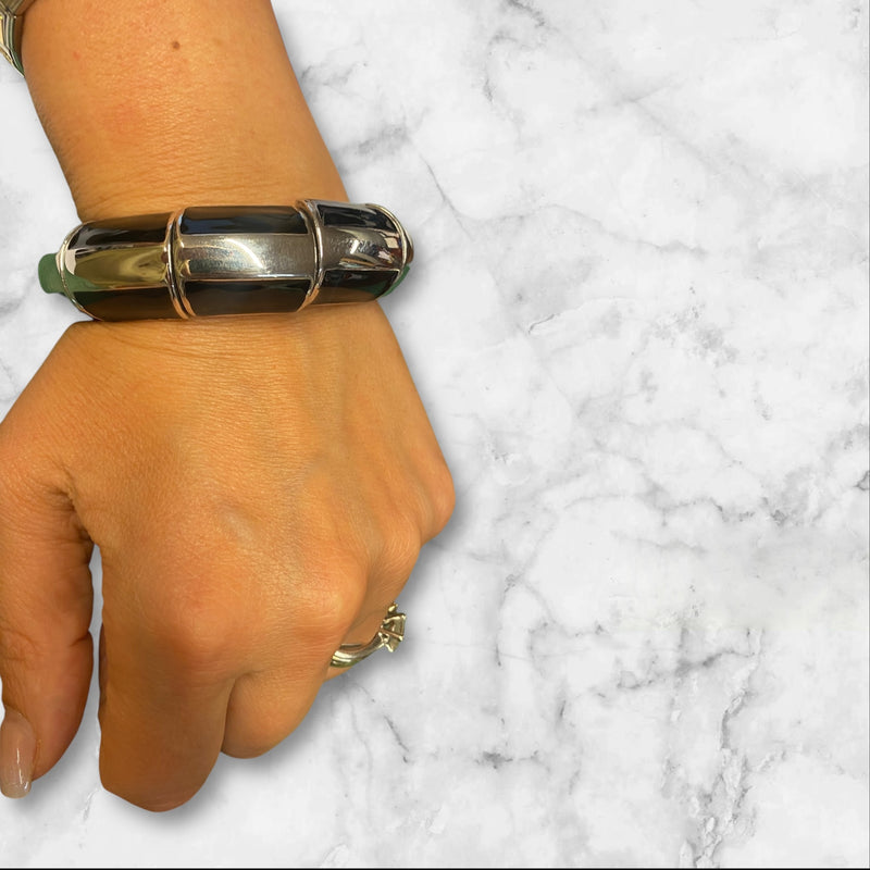 Vintage 1980s Stretch Bracelet in Black Enamelled 925 Sterling Silver