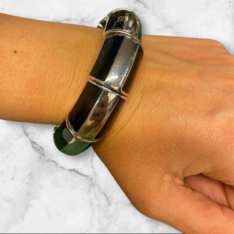 Vintage 1980s Stretch Bracelet in Black Enamelled 925 Sterling Silver