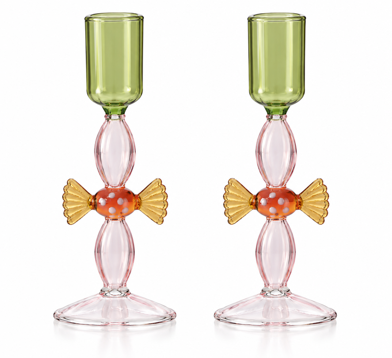 CANDLEHOLDER GREEN/RED CANDY - SET OF 2