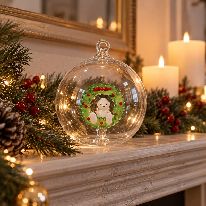 TABBY CAT – WHITE CAT IN CHRISTMAS WREATH BALL – 12 CM