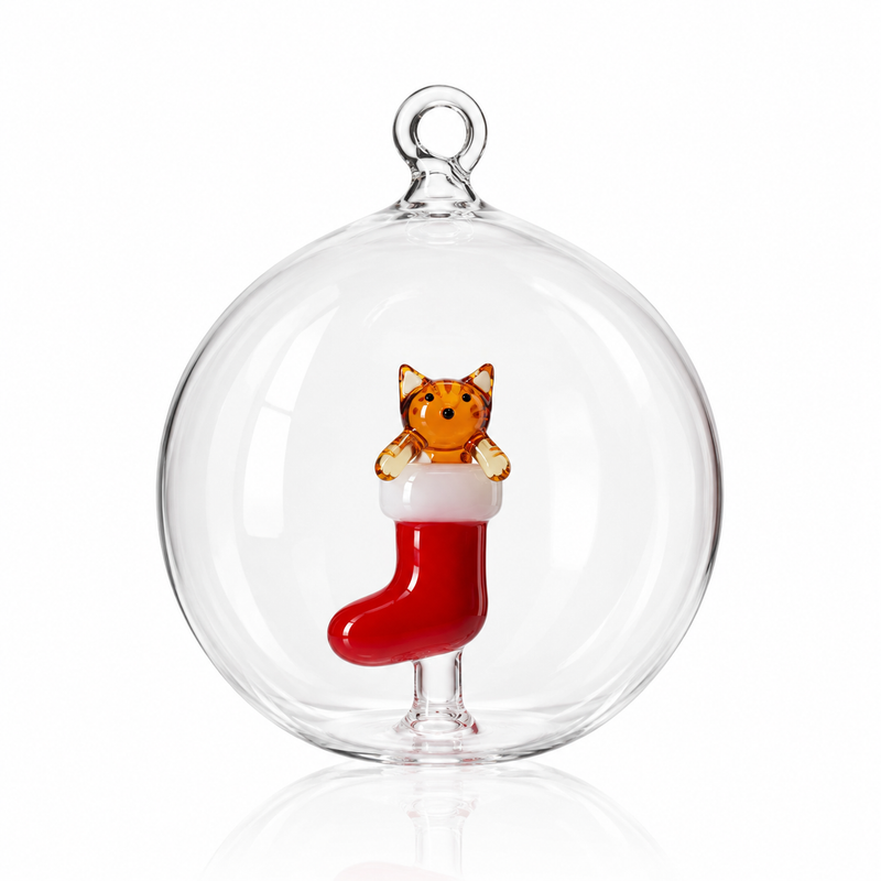 TABBY CAT – CHRISTMAS ORNAMENT AMBER CAT IN RED STOCKING