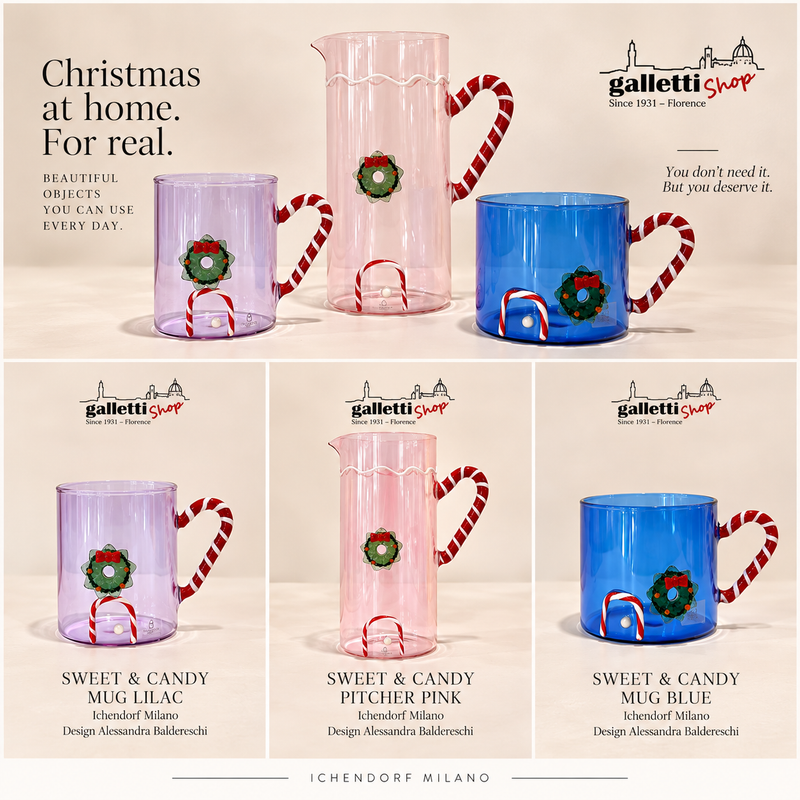 BLUE MUG WITH CANDY CANE HANDLE & WREATH