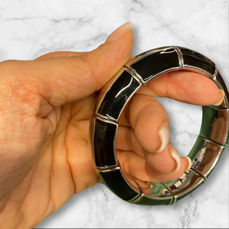 Vintage 1980s Stretch Bracelet in Black Enamelled 925 Sterling Silver